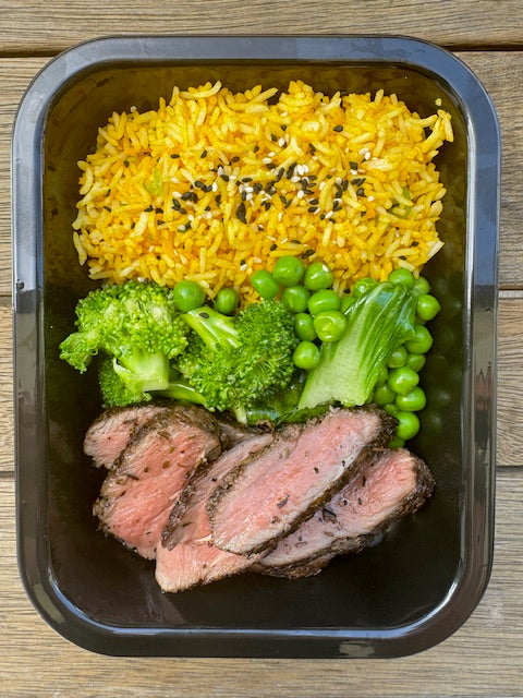 Grilled Lamb Rump with Tumeric Rice and Fresh Greens