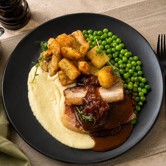 Roast Pork Belly with Fig Jam and Kumara ✓