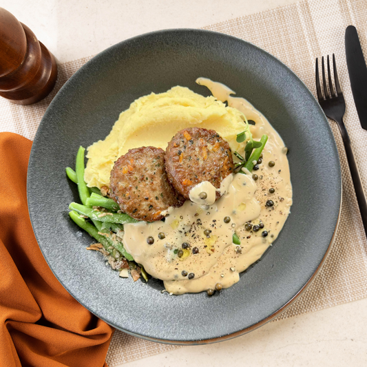 *NEW*  Beef Rissoles with Mash & Creamy Peppercorn Sauce
