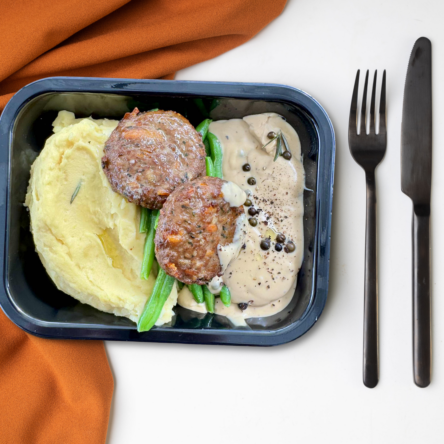 *NEW*  Beef Rissoles with Mash & Creamy Peppercorn Sauce