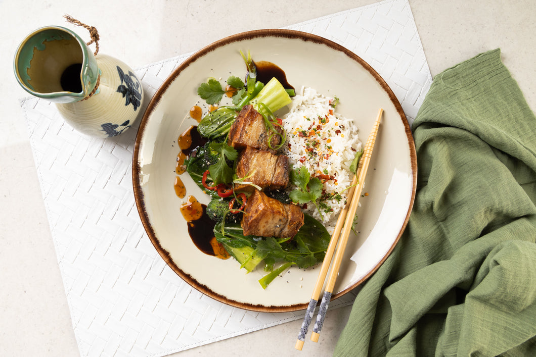 Sticky Pork Belly, Brown Rice & Asian Greens ✔